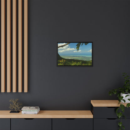 Tropical Vista Matte Canvas Framed Wall Art — Lush Mountain to Ocean Landscape - View from the Three Peaks of the Atlantic Ocean - El Yunque rainforest PR