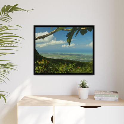 Tropical Vista Matte Canvas Framed Wall Art — Lush Mountain to Ocean Landscape - View from the Three Peaks of the Atlantic Ocean - El Yunque rainforest PR