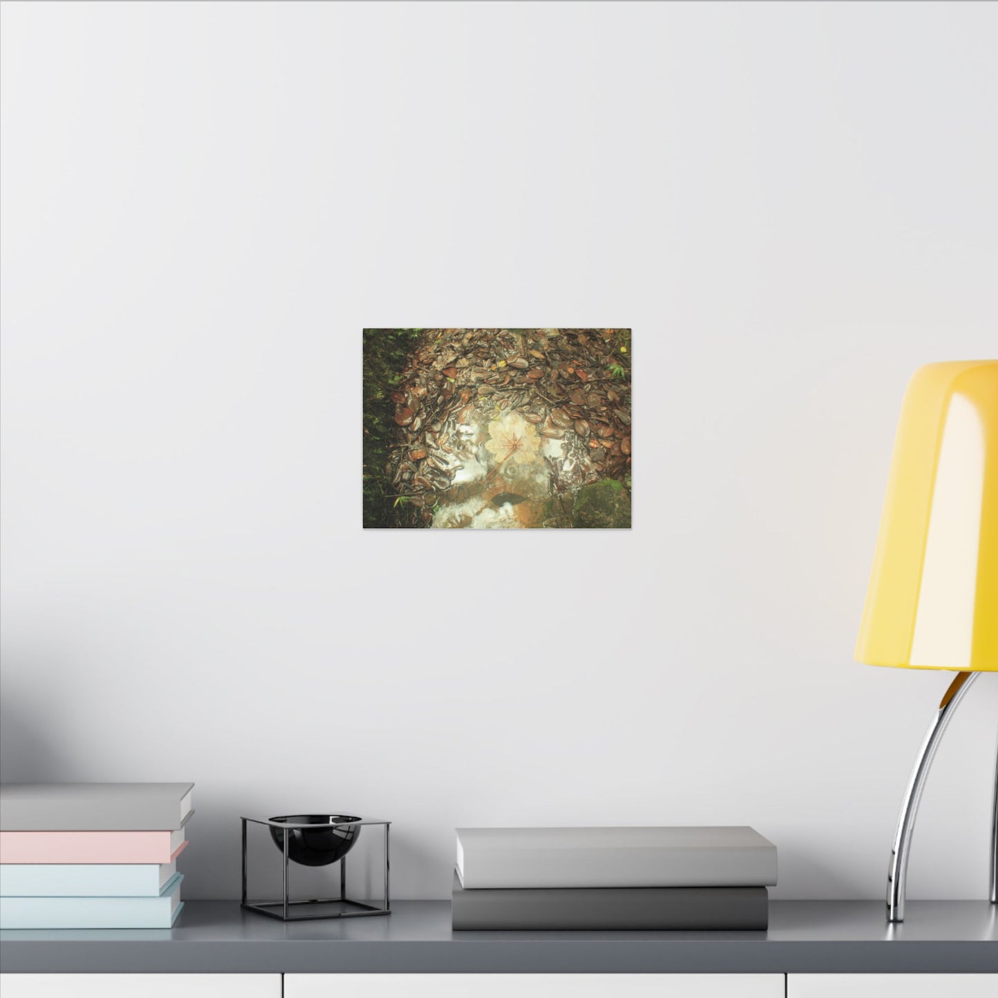 Autumn Leaf Reflection Matte Canvas Wall Art — Nature Forest Stream Print - Yagrumo leaf in middle of many decomposing leafs - Amazing symmetry - Tradewinds trail
