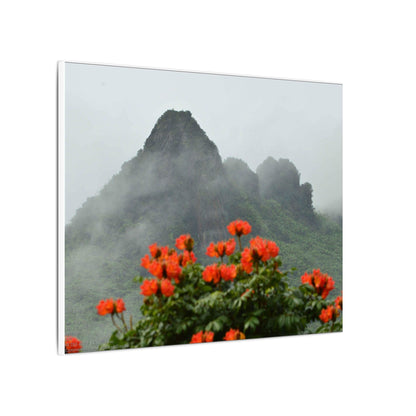 Misty Mountain with Red Flowers Canvas Wall Art — Botanical Landscape Print - Nikon Telephoto from Yokahu Tower - LUCKY day after storm