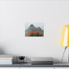 Misty Mountain with Red Flowers Canvas Wall Art — Botanical Landscape Print - Nikon Telephoto from Yokahu Tower - LUCKY day after storm
