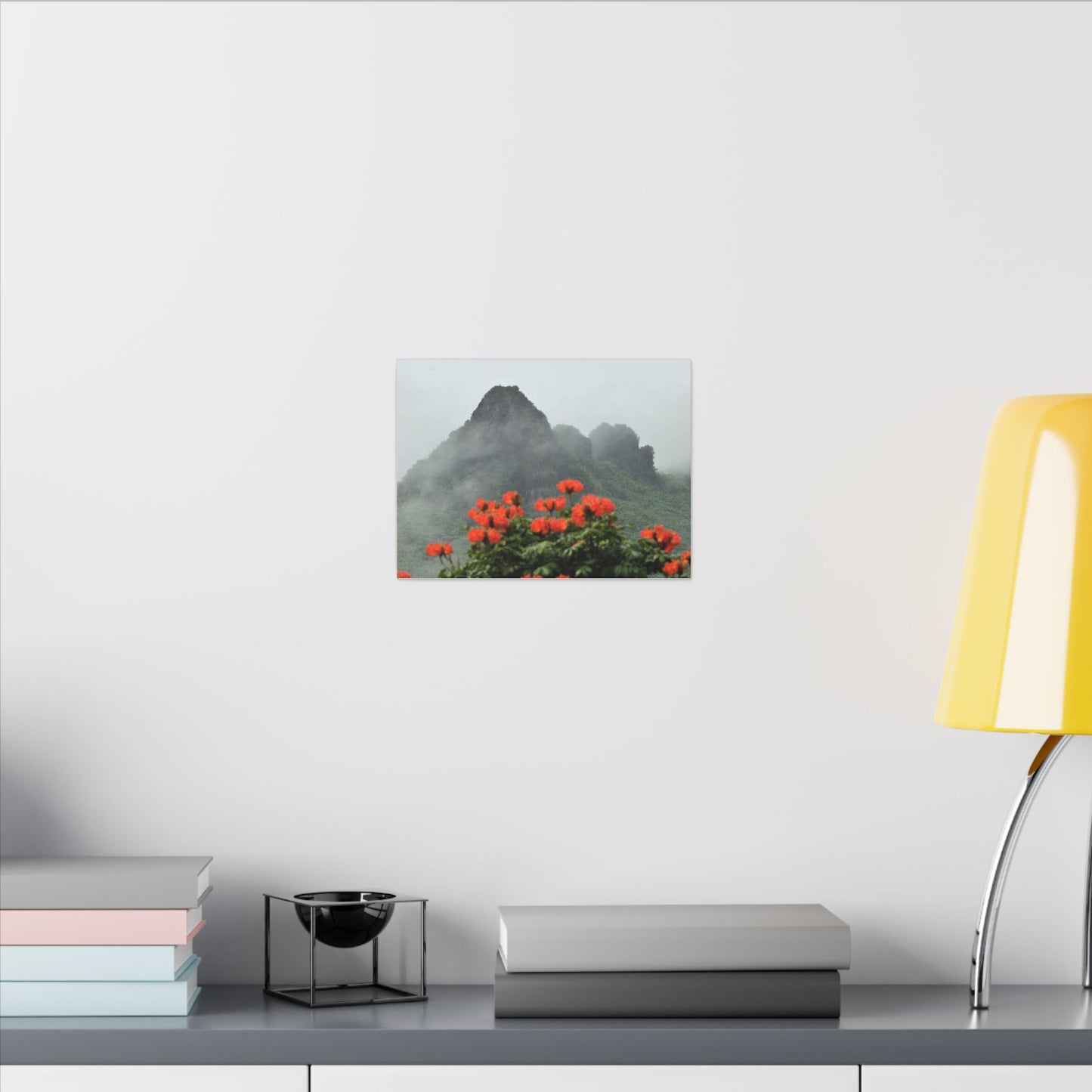 Misty Mountain with Red Flowers Canvas Wall Art — Botanical Landscape Print - Nikon Telephoto from Yokahu Tower - LUCKY day after storm