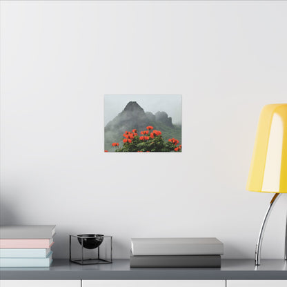 Misty Mountain with Red Flowers Canvas Wall Art — Botanical Landscape Print - Nikon Telephoto from Yokahu Tower - LUCKY day after storm