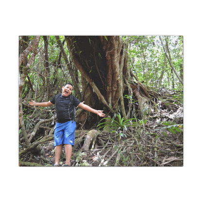 Matte Stretched Canvas Wall Art – Tropical Tree Photo Print - Explorer Jose in a deep forest week long in the birth of Espiritu Santo river - huge red tree behind