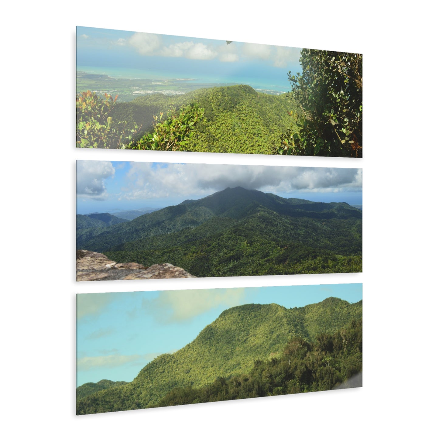 Deep Forest Explorations - Views from Trails and Peaks  - El Yunque RainForest  - Nikon D850 - Tropical Mountains Triptych Acrylic Print – Panoramic Jungle & Ocean Wall Art