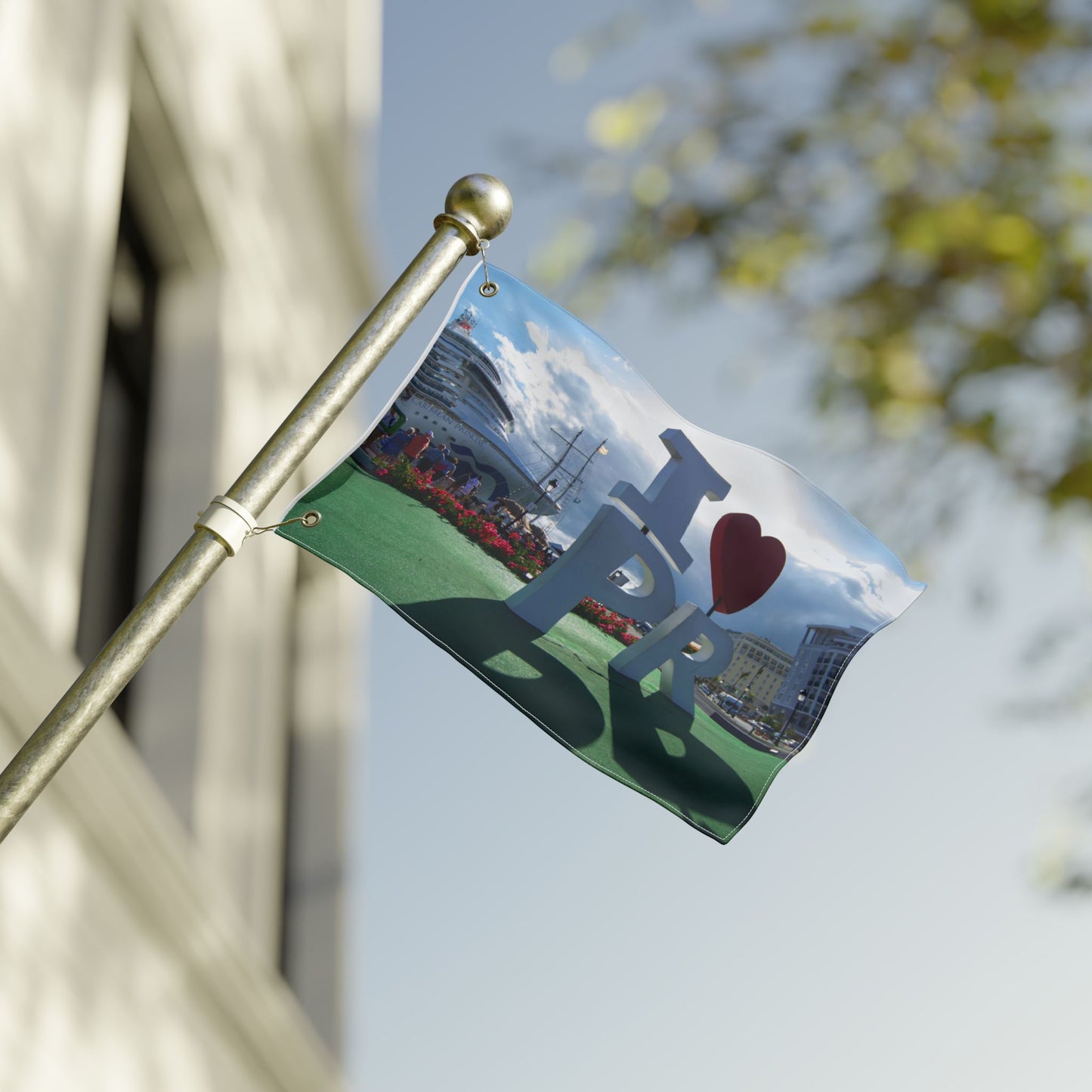 I ♥ PR landmark- Puerto Rico Photo Flag — OLD SAN JUAN PIER & BOAT Double-Sided Outdoor Decorative Flag