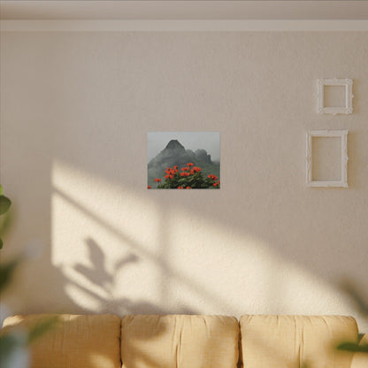 Misty Mountain with Red Flowers Canvas Wall Art — Botanical Landscape Print - Nikon Telephoto from Yokahu Tower - LUCKY day after storm