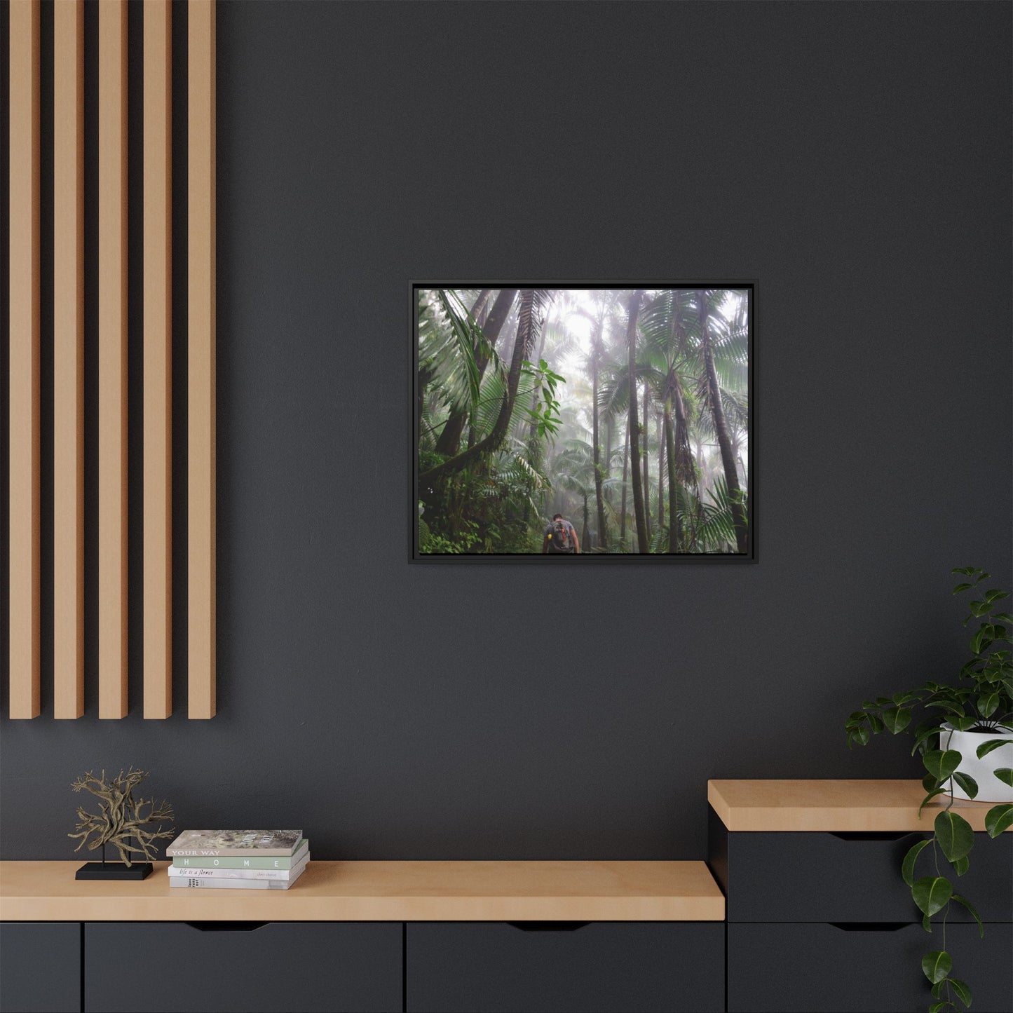 Tropical Vista Matte Canvas Framed Wall Art - Forest explorations - My son Jose is tired on El Yunque High-Forest (in the clouds) trail -  El Yunque rainforest PR