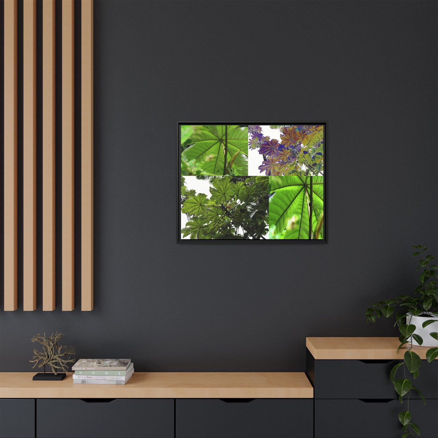 Tropical Vista Matte Canvas Framed Wall Art - Forest explorations - Deep in El Yunque rainforest PR - Mosaic#3 of the Unique Yagrumo Tree Leafs