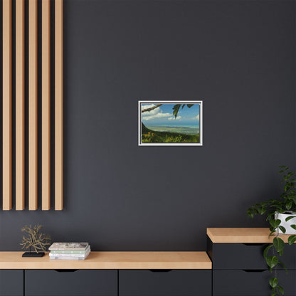 Tropical Vista Matte Canvas Framed Wall Art — Lush Mountain to Ocean Landscape - View from the Three Peaks of the Atlantic Ocean - El Yunque rainforest PR