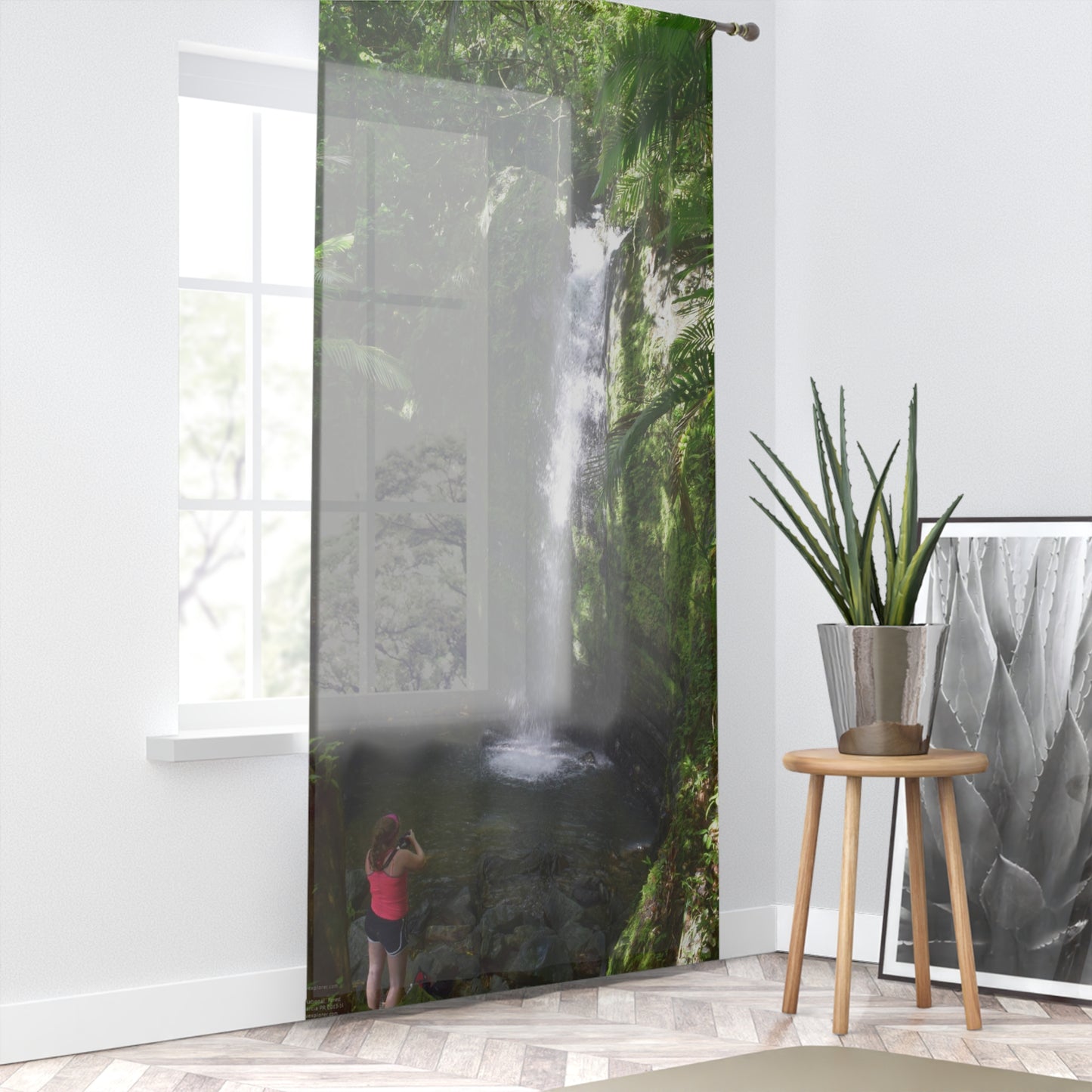 Tropical Jungle - Spellbound Visitor to Waterfall in El Yunque - Window Curtain - Lush Rainforest Print Sheer Drapery - View in El Yunque rainforest - Puerto  Rico - Nikon