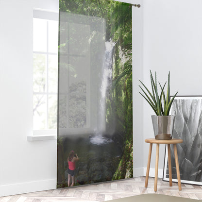 Tropical Jungle - Spellbound Visitor to Waterfall in El Yunque - Window Curtain - Lush Rainforest Print Sheer Drapery - View in El Yunque rainforest - Puerto  Rico - Nikon