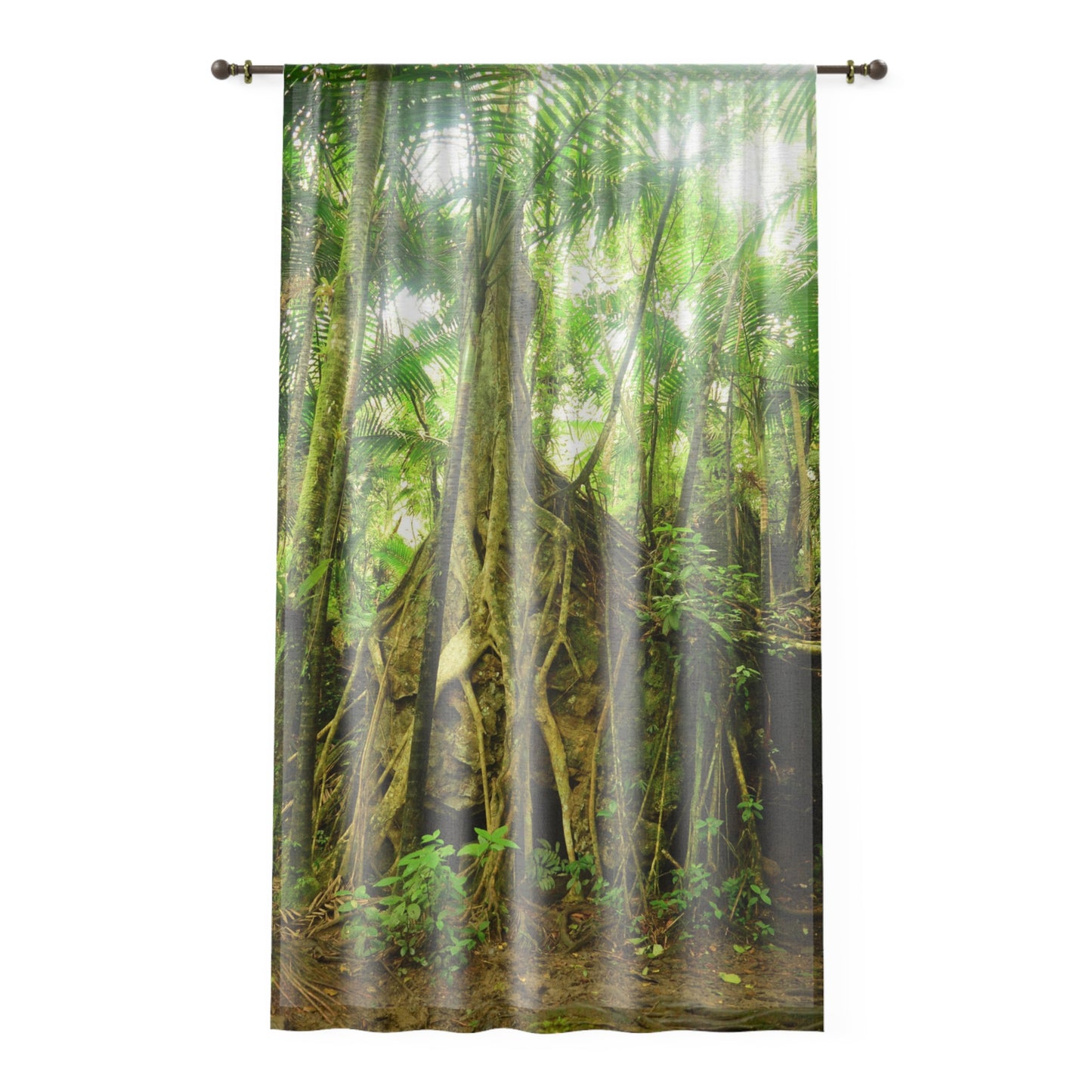 Tropical Jungle - Huge Tree grows in top of Boulder - Window Curtain - Lush Rainforest Print Sheer Drapery - View in El Yunque rainforest - Puerto  Rico - Nikon