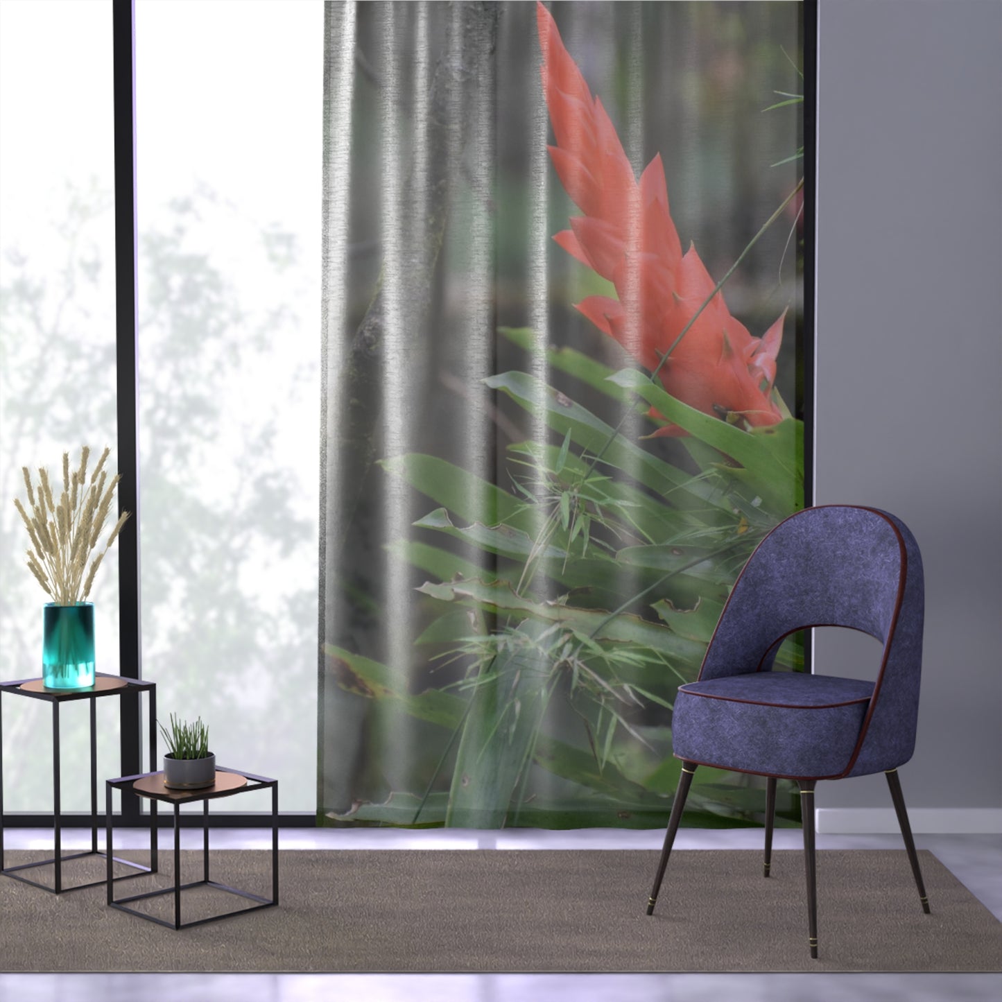 Tropical Jungle - Bromeliad Air-Plant Flower - Window Curtain - Lush Rainforest Print Sheer Drapery - View in El Yunque rainforest - Puerto  Rico - Nikon