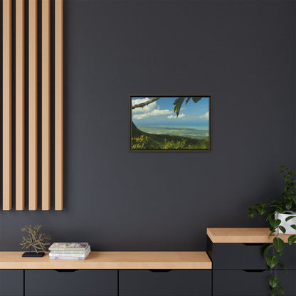 Tropical Vista Matte Canvas Framed Wall Art — Lush Mountain to Ocean Landscape - View from the Three Peaks of the Atlantic Ocean - El Yunque rainforest PR