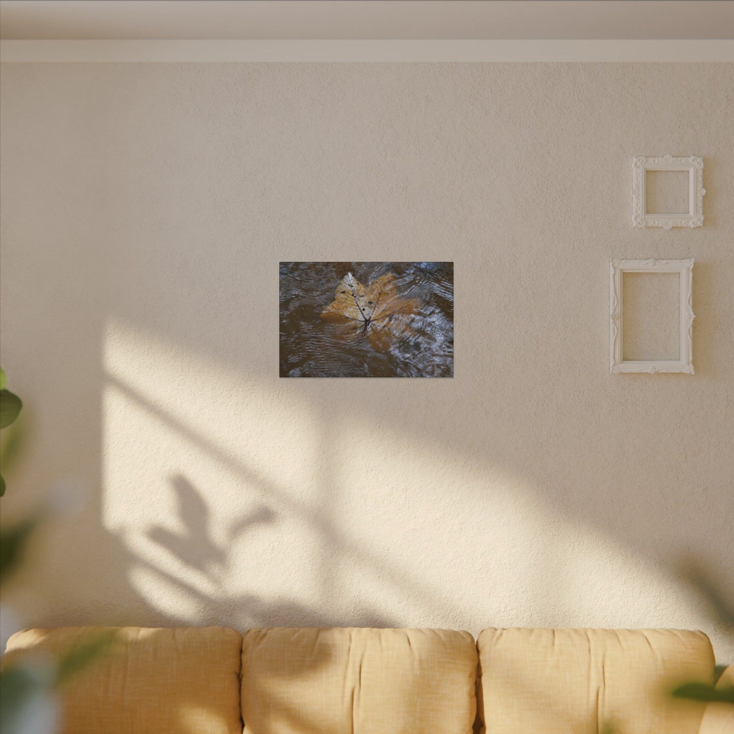 Yagrumo Leaf Floating — Matte Canvas Wall Art - Yagrumo leaf - white side - in a flooded Rio Sabana river - El Yunque Rainforest - Puerto Rico - Deep forest explorations