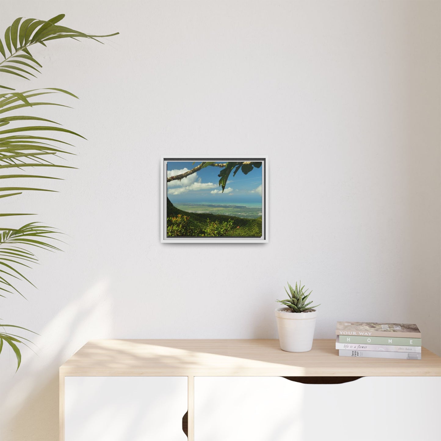 Tropical Vista Matte Canvas Framed Wall Art — Lush Mountain to Ocean Landscape - View from the Three Peaks of the Atlantic Ocean - El Yunque rainforest PR