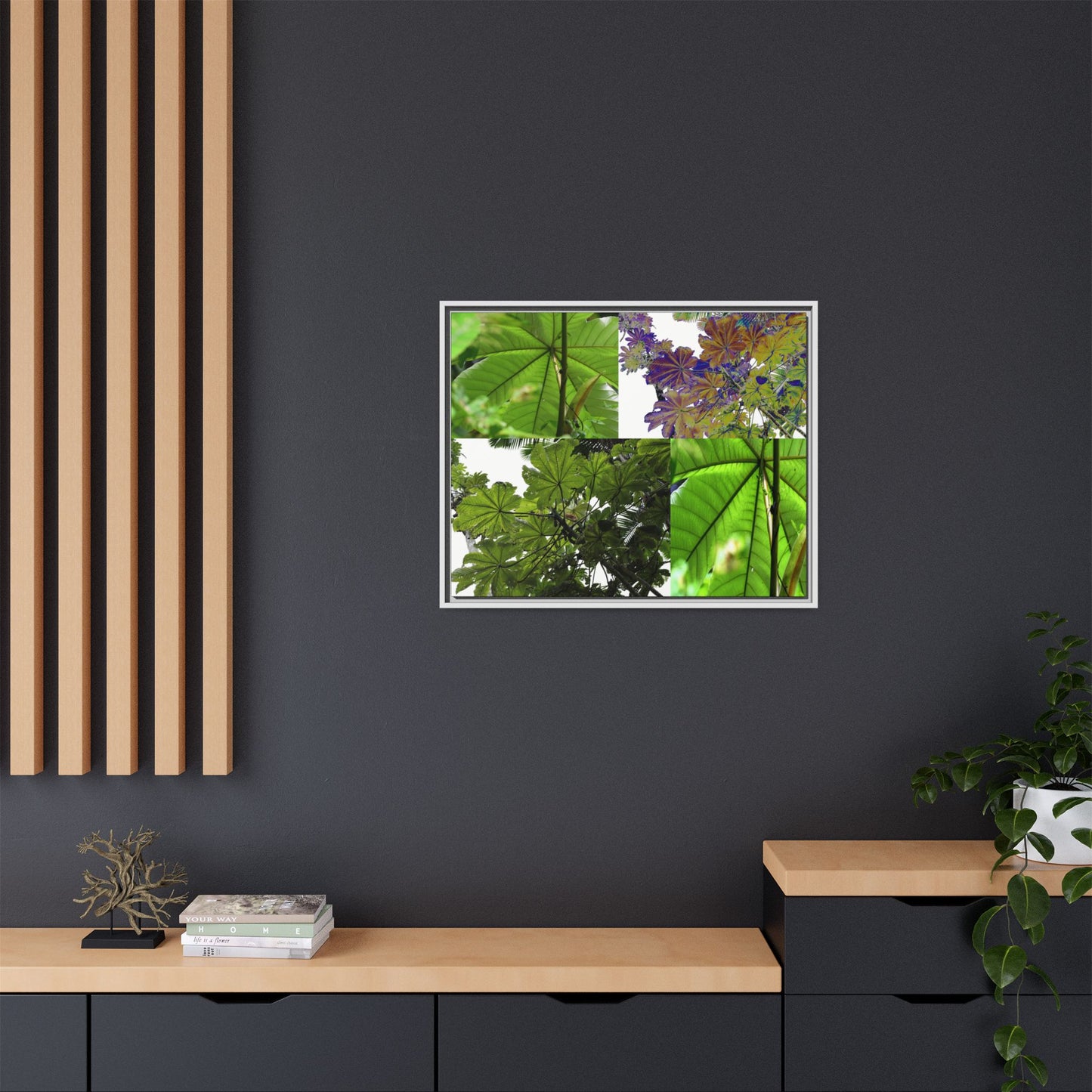 Tropical Vista Matte Canvas Framed Wall Art - Forest explorations - Deep in El Yunque rainforest PR - Mosaic#3 of the Unique Yagrumo Tree Leafs