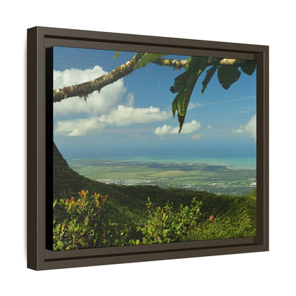 Tropical Vista Matte Canvas Framed Wall Art — Lush Mountain to Ocean Landscape - View from the Three Peaks of the Atlantic Ocean - El Yunque rainforest PR