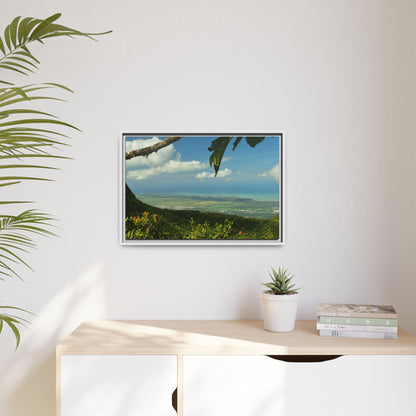 Tropical Vista Matte Canvas Framed Wall Art — Lush Mountain to Ocean Landscape - View from the Three Peaks of the Atlantic Ocean - El Yunque rainforest PR