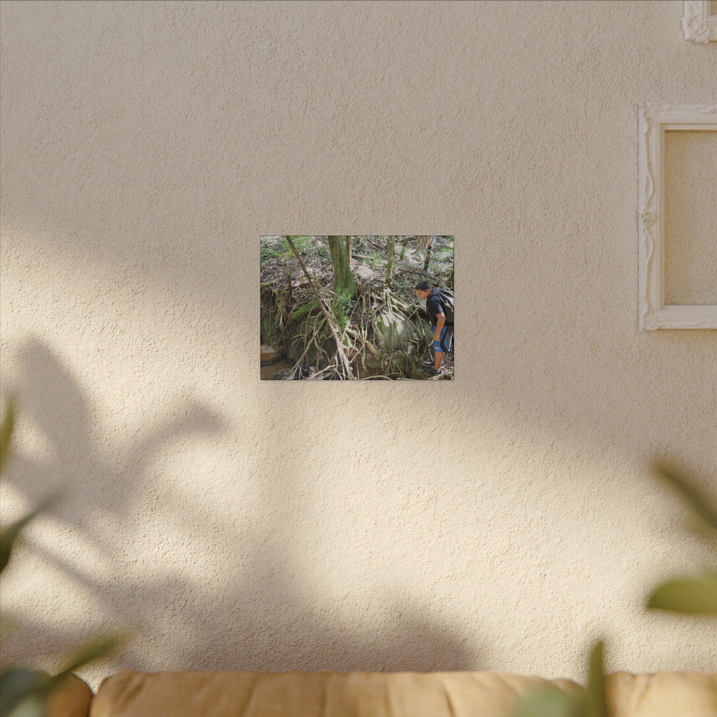 Forest Stream Adventure Matte Canvas Print — Boy Exploring Tree Roots Wall Art - Jose looks at the river - Tree has roots all over - Note the little sunlight