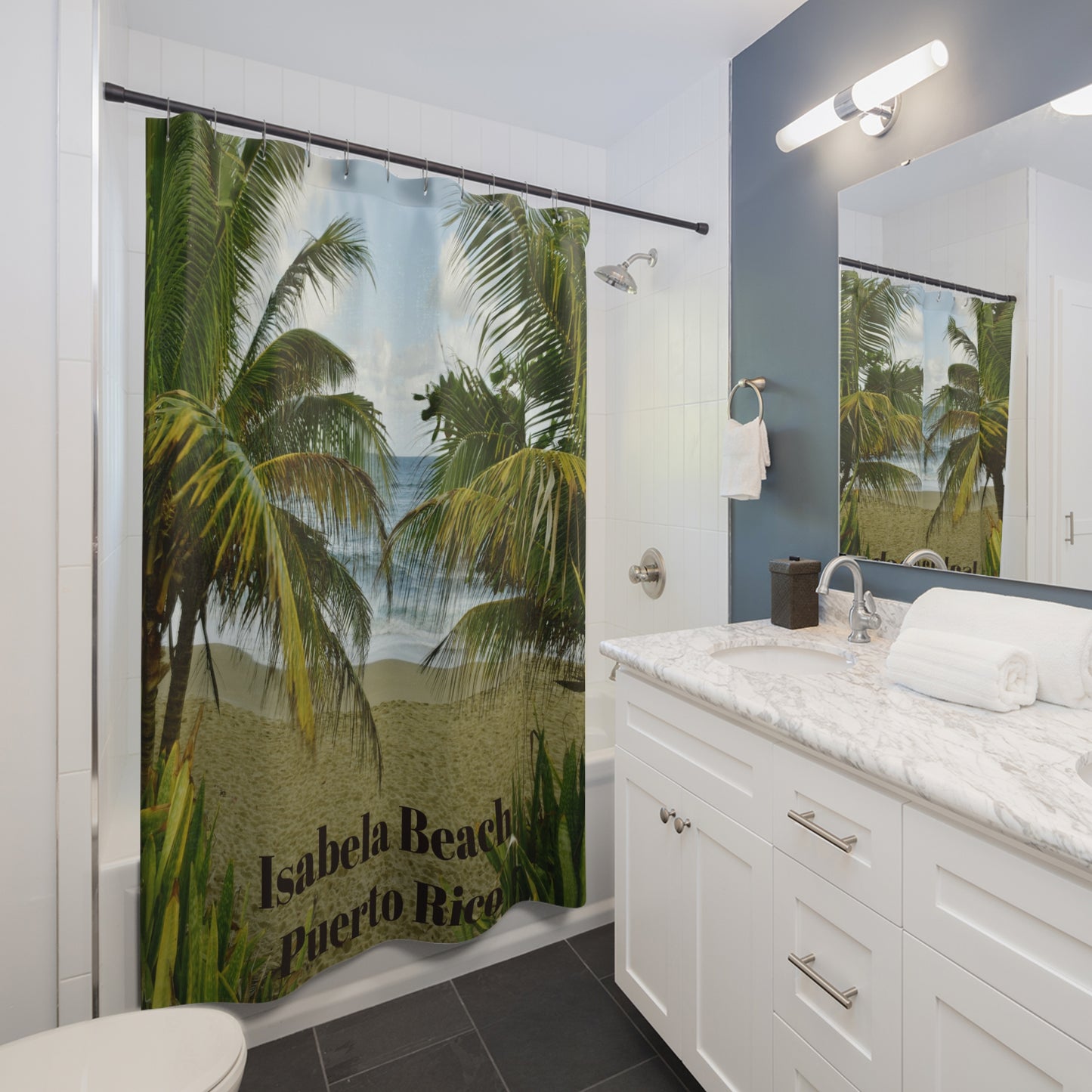 ISABELA BEACH - PUERTO RICO - Tropical Palm Beach Shower Curtain — Coastal Bathroom Decor - Nikon image
