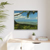 Tropical Vista Matte Canvas Framed Wall Art — Lush Mountain to Ocean Landscape - View from the Three Peaks of the Atlantic Ocean - El Yunque rainforest PR