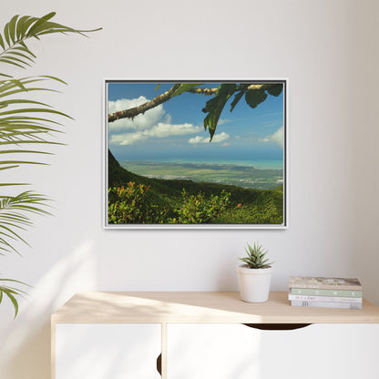 Tropical Vista Matte Canvas Framed Wall Art — Lush Mountain to Ocean Landscape - View from the Three Peaks of the Atlantic Ocean - El Yunque rainforest PR