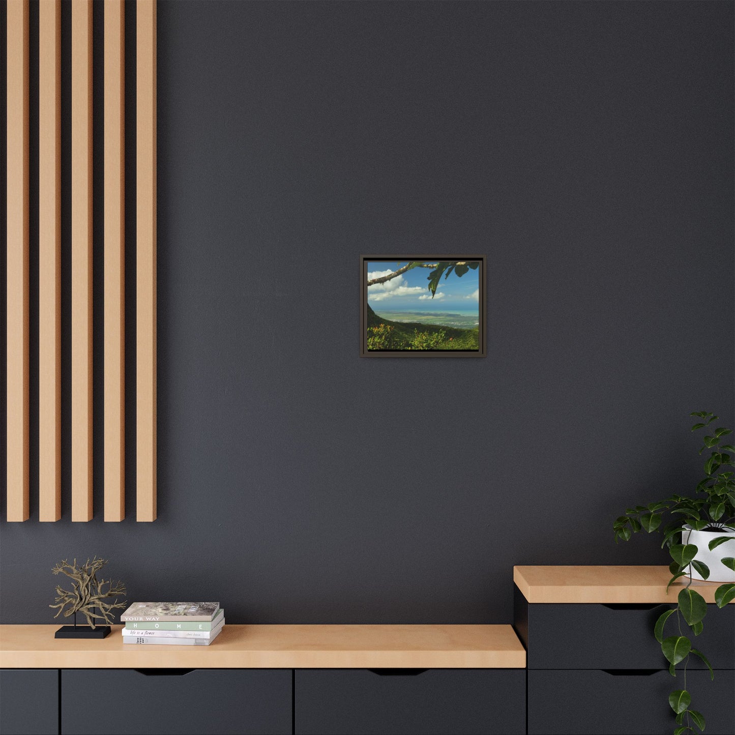 Tropical Vista Matte Canvas Framed Wall Art — Lush Mountain to Ocean Landscape - View from the Three Peaks of the Atlantic Ocean - El Yunque rainforest PR