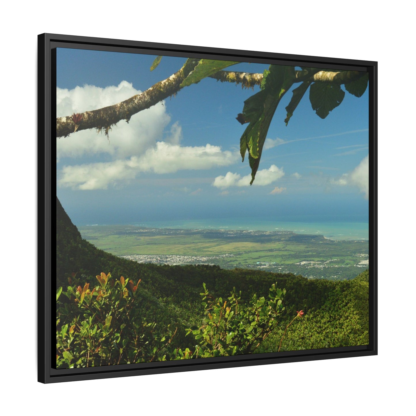 Tropical Vista Matte Canvas Framed Wall Art — Lush Mountain to Ocean Landscape - View from the Three Peaks of the Atlantic Ocean - El Yunque rainforest PR