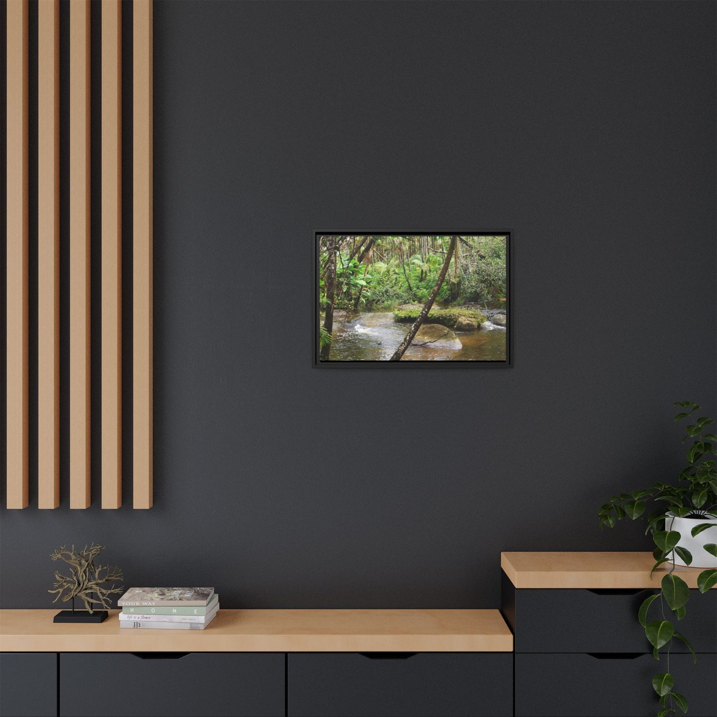 Framed Matte Canvas Wall Art — Tropical Rainforest Roots Photography - View deep in the forest in the Rio Sabana Trail