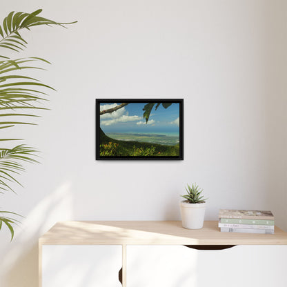 Tropical Vista Matte Canvas Framed Wall Art — Lush Mountain to Ocean Landscape - View from the Three Peaks of the Atlantic Ocean - El Yunque rainforest PR