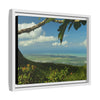 Tropical Vista Matte Canvas Framed Wall Art — Lush Mountain to Ocean Landscape - View from the Three Peaks of the Atlantic Ocean - El Yunque rainforest PR