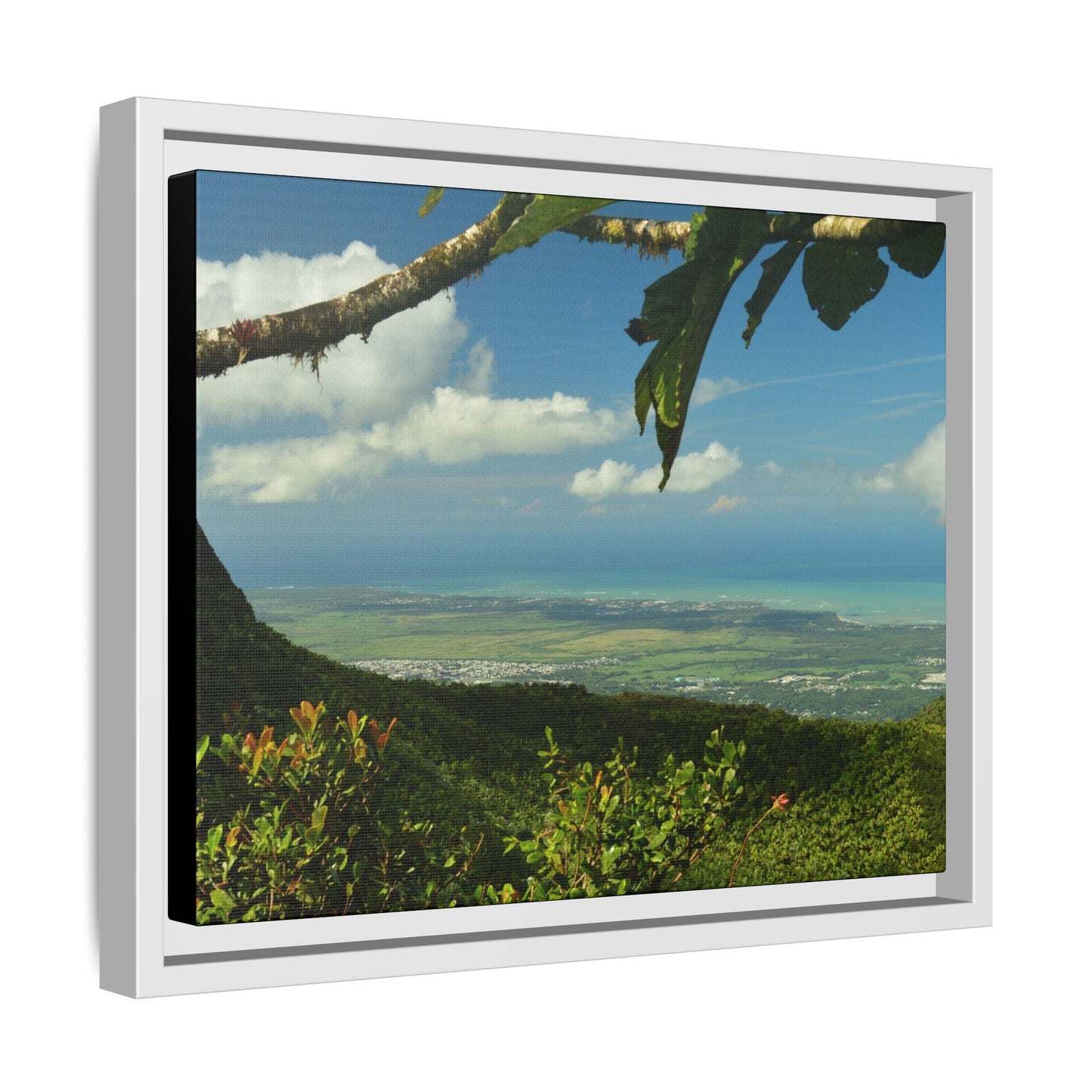 Tropical Vista Matte Canvas Framed Wall Art — Lush Mountain to Ocean Landscape - View from the Three Peaks of the Atlantic Ocean - El Yunque rainforest PR