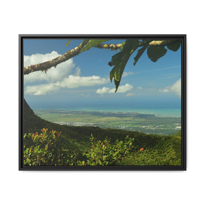 Tropical Vista Matte Canvas Framed Wall Art — Lush Mountain to Ocean Landscape - View from the Three Peaks of the Atlantic Ocean - El Yunque rainforest PR