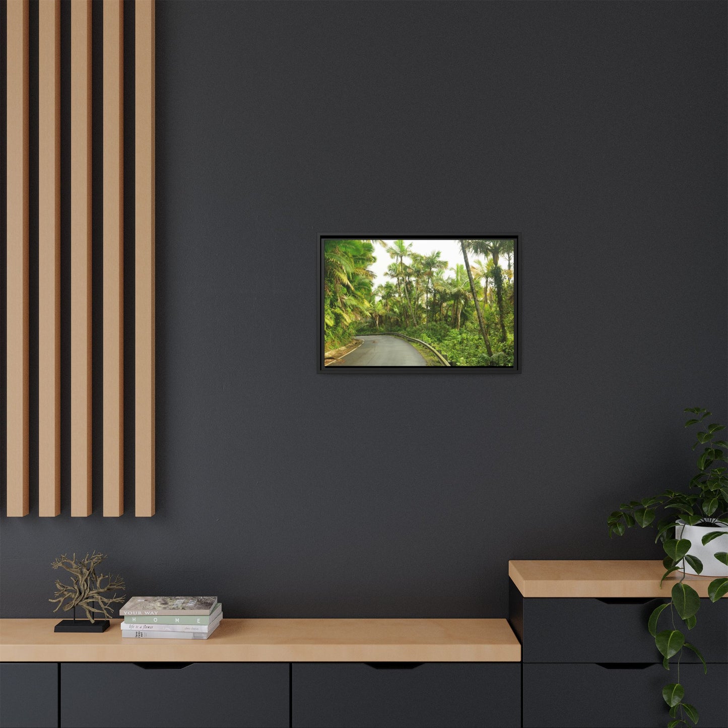 Tropical Vista Matte Canvas Framed Wall Art — Lush Mountain road the PR 191 High forest - El Yunque rainforest PR