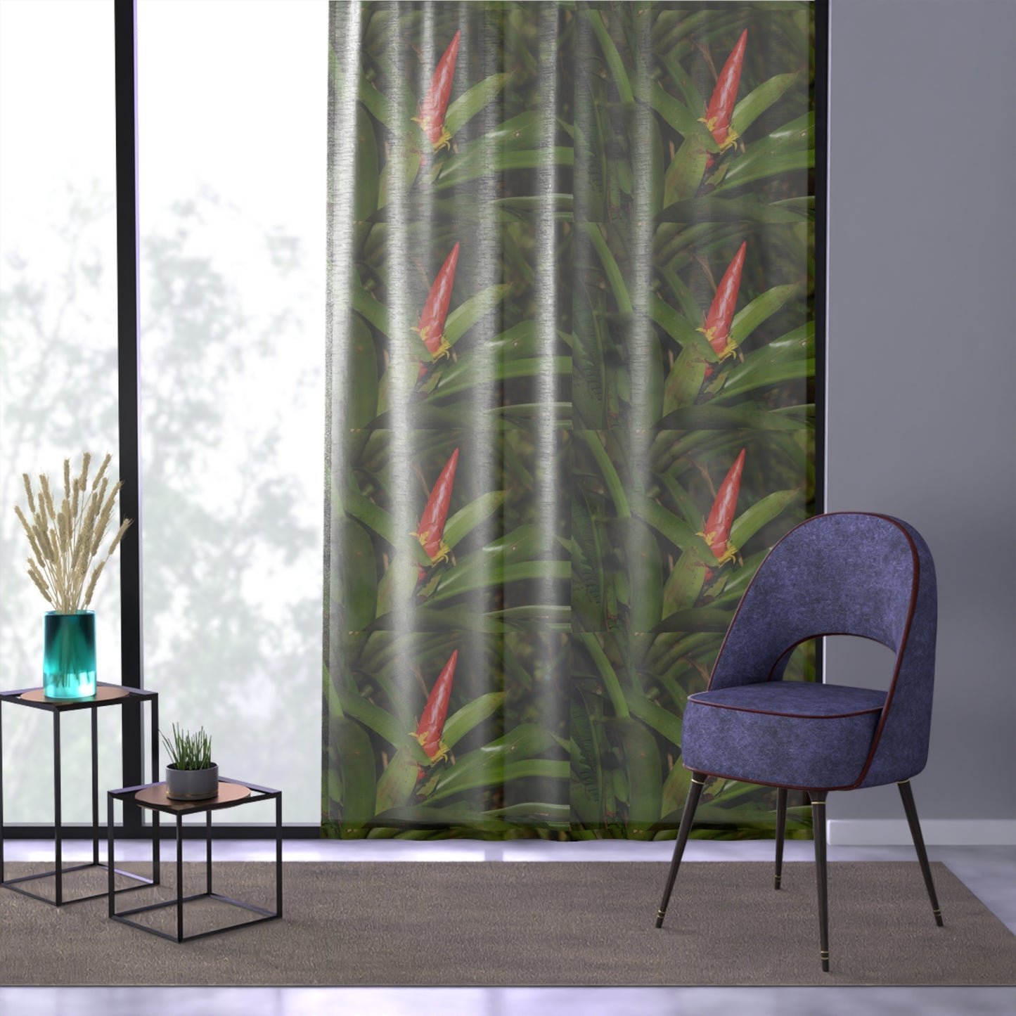 Tropical Jungle - Collage of Bromeliad in Flower - Window Curtain - Lush Rainforest Print Sheer Drapery - View in El Yunque rainforest - Puerto  Rico - Nikon
