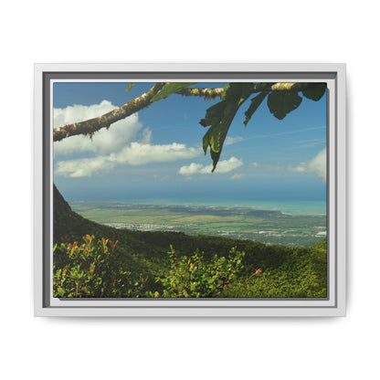 Tropical Vista Matte Canvas Framed Wall Art — Lush Mountain to Ocean Landscape - View from the Three Peaks of the Atlantic Ocean - El Yunque rainforest PR