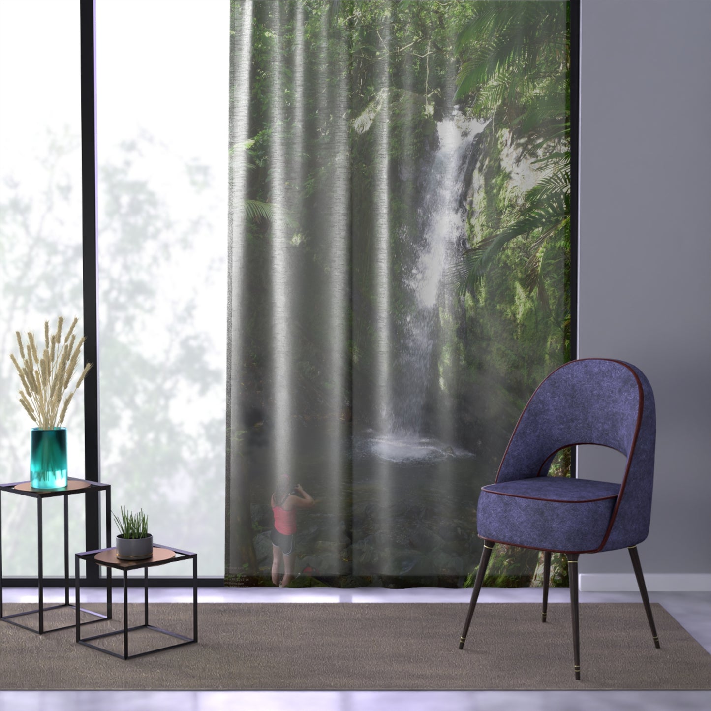 Tropical Jungle - Spellbound Visitor to Waterfall in El Yunque - Window Curtain - Lush Rainforest Print Sheer Drapery - View in El Yunque rainforest - Puerto  Rico - Nikon