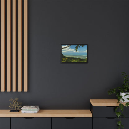 Tropical Vista Matte Canvas Framed Wall Art — Lush Mountain to Ocean Landscape - View from the Three Peaks of the Atlantic Ocean - El Yunque rainforest PR