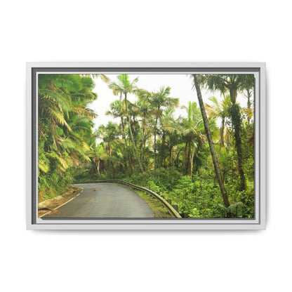 Tropical Vista Matte Canvas Framed Wall Art — Lush Mountain road the PR 191 High forest - El Yunque rainforest PR