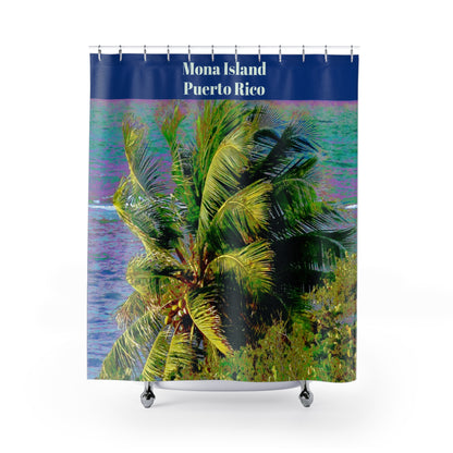 Mona Island - PUERTO RICO - Tropical Palm Beach Shower Curtain — Coastal Bathroom Decor - Nikon image