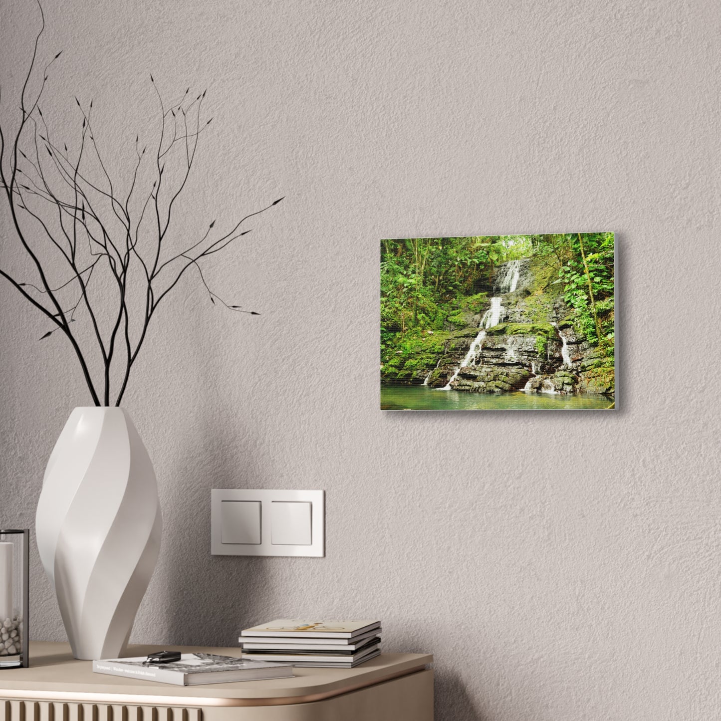 Tropical Waterfall Canvas Wall Art — Lush Jungle Landscape Print
