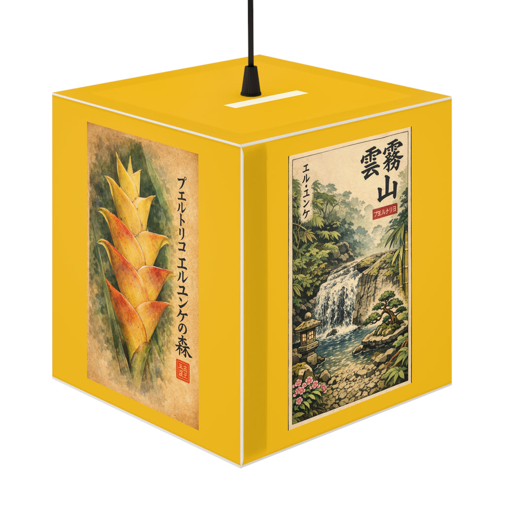 Japanese Vintage Landscape Cube Lamp — Waterfall & Botanical Pendant Light - El Yunque Rainforest art prints - Nikon images