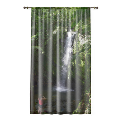 Tropical Jungle - Spellbound Visitor to Waterfall in El Yunque - Window Curtain - Lush Rainforest Print Sheer Drapery - View in El Yunque rainforest - Puerto  Rico - Nikon
