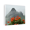 Misty Mountain with Red Flowers Canvas Wall Art — Botanical Landscape Print - Nikon Telephoto from Yokahu Tower - LUCKY day after storm