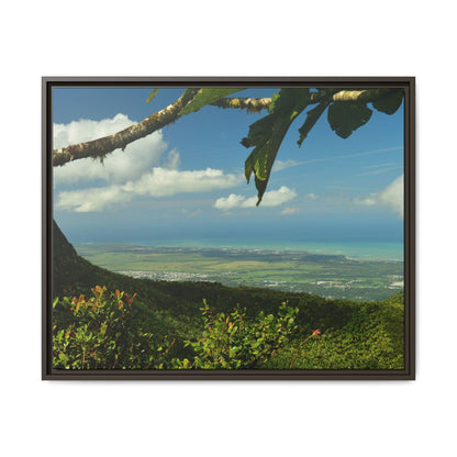 Tropical Vista Matte Canvas Framed Wall Art — Lush Mountain to Ocean Landscape - View from the Three Peaks of the Atlantic Ocean - El Yunque rainforest PR