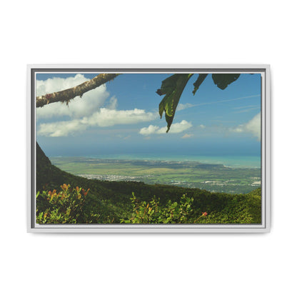 Tropical Vista Matte Canvas Framed Wall Art — Lush Mountain to Ocean Landscape - View from the Three Peaks of the Atlantic Ocean - El Yunque rainforest PR