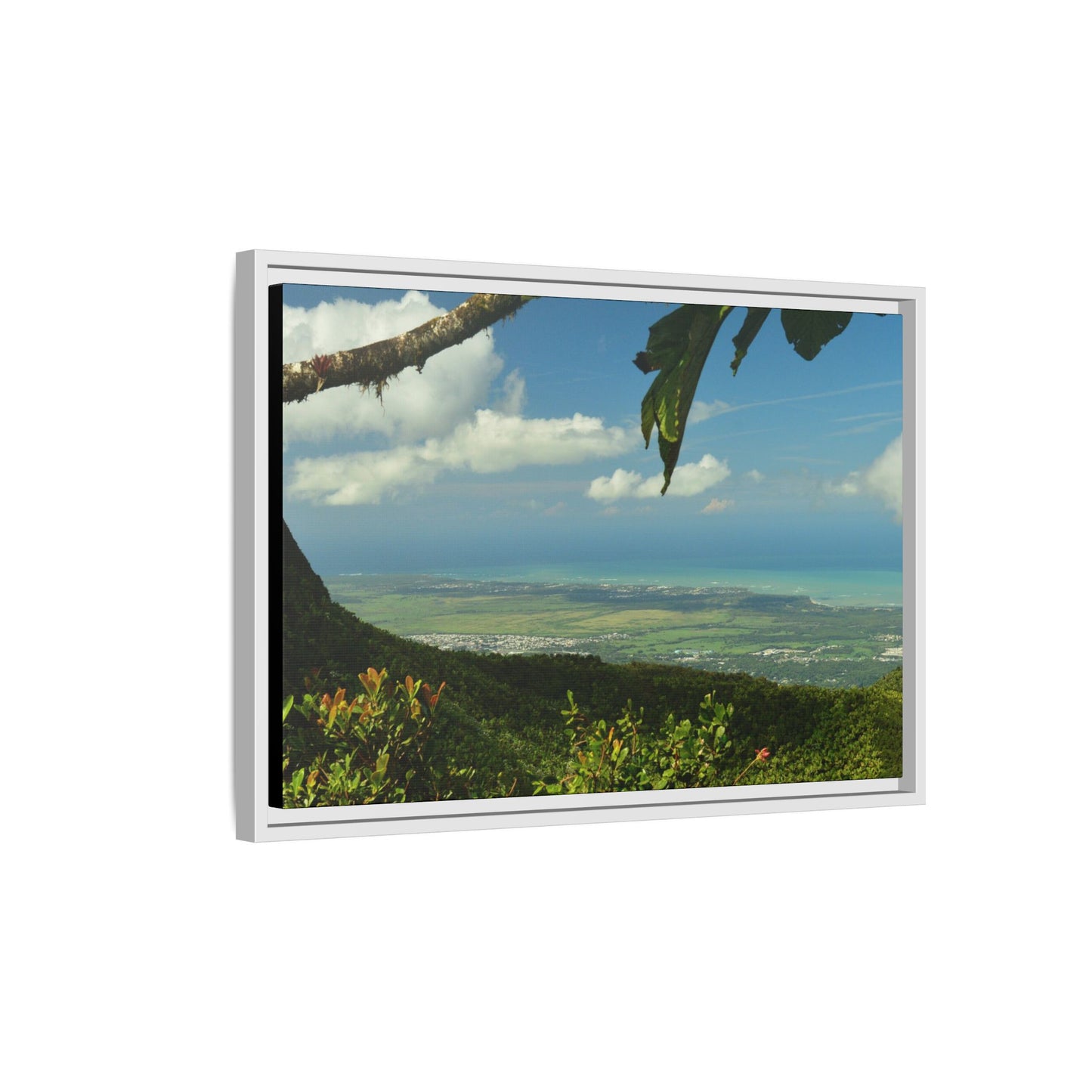 Tropical Vista Matte Canvas Framed Wall Art — Lush Mountain to Ocean Landscape - View from the Three Peaks of the Atlantic Ocean - El Yunque rainforest PR