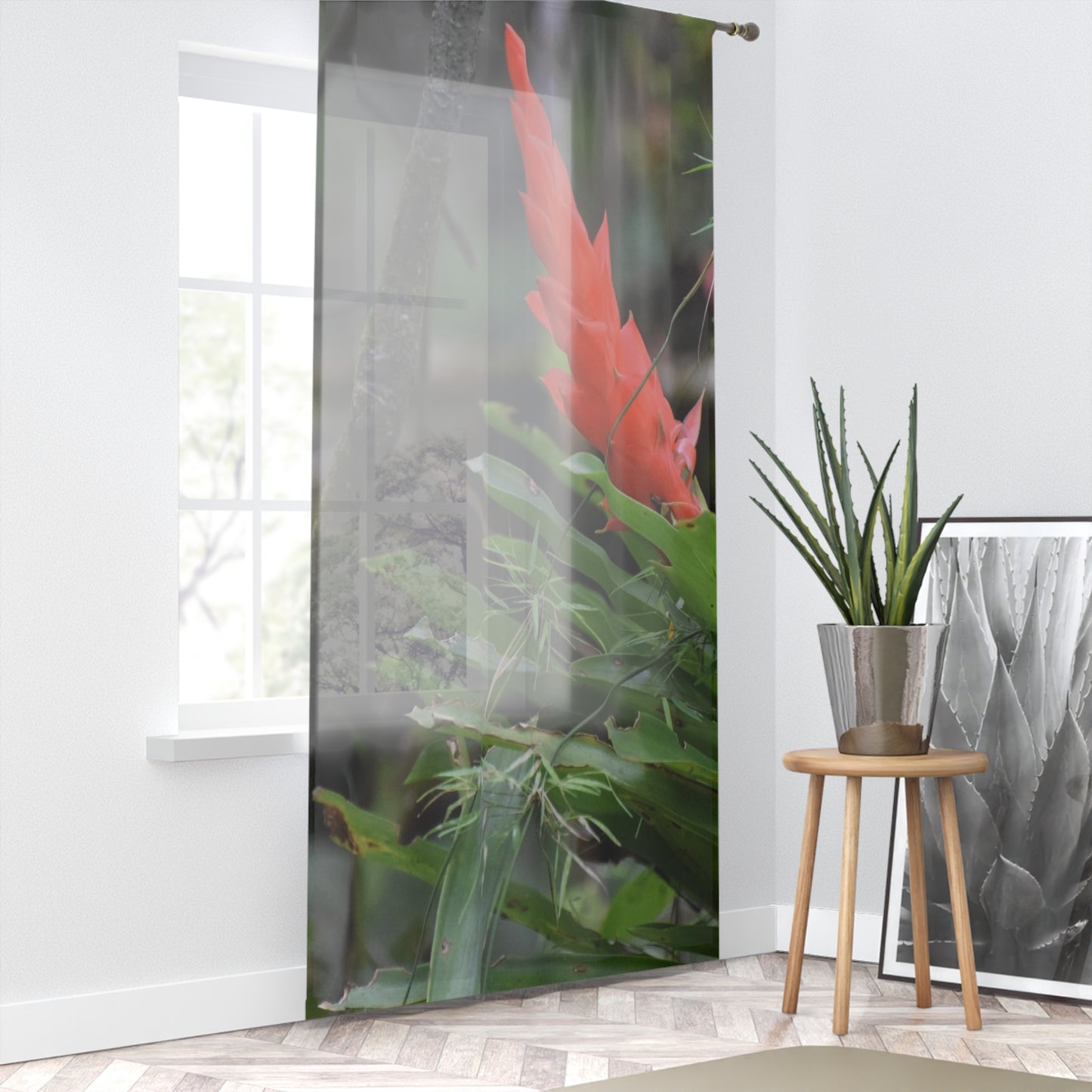 Tropical Jungle - Bromeliad Air-Plant Flower - Window Curtain - Lush Rainforest Print Sheer Drapery - View in El Yunque rainforest - Puerto  Rico - Nikon